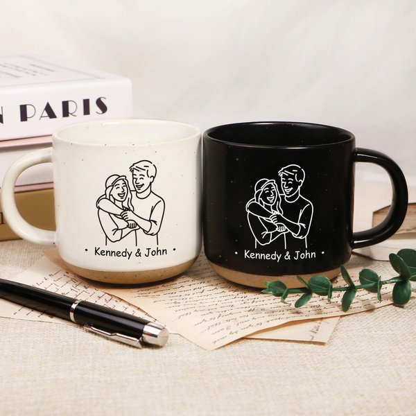 Personlig Line Art Style Parfoto 12 oz keramikmugg med handtag och namn Alla hjärtans dag-jubileumspresent för par