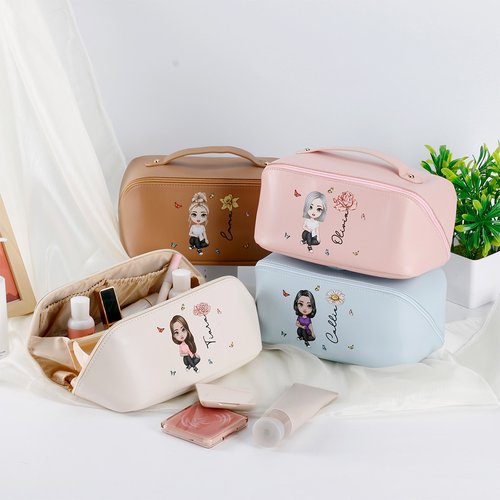 Beauty case in pelle personalizzato con personaggio animato fiore di nascita portatile accessori regalo di compleanno per donne e ragazze