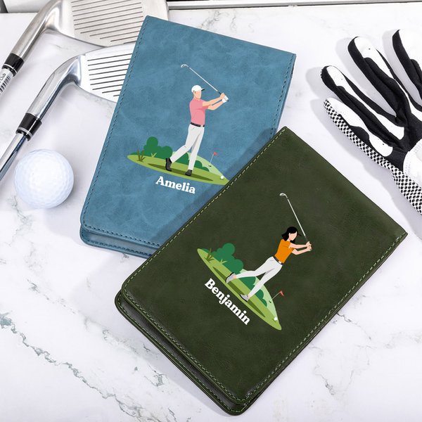 Personlig tegneserie golfkarakter PU lær golf scorekortholder med navn daglig trening spilledag golfklubb gave til golfspillere trenere