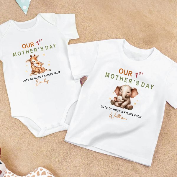 Personalised Cute Cartoon Animal Our 1st Mother's Day 100% Cotton Babysuit Kid's T-shirt with Name Baby Shower Birthday Gift for Baby Kid