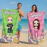 Personlig strandhandduk med namn och karaktär stor snabbtorkande badhandduk med dragskopåse sommarpresent födelsedagspresent