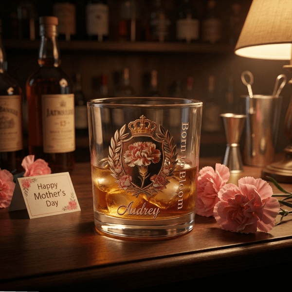 Personalised Floral Crown Badge 10 oz Whiskey Glass with Name and Text Birthday Mother's Day Gift for Mother Woman