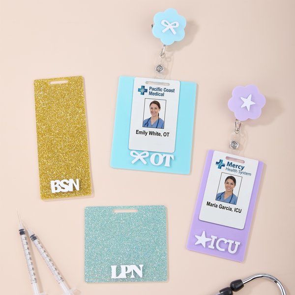 Personalised Multicolor Glitter Flower Bow Text Acrylic ID Badge Holder with Reel Appreciation Nurse Week Gift for Doctor Nurse Medical Staff