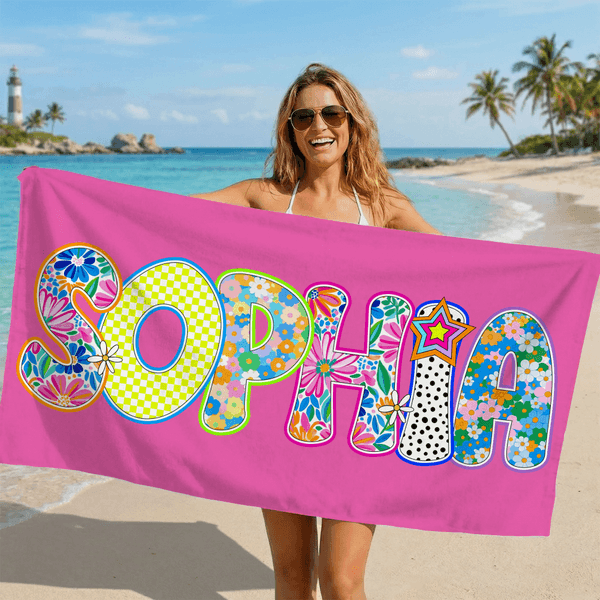 Personalisiertes Strandtuch mit Retro-Boho-Namen | schnelltrocknend | Badetuch | Reisezubehör | Party Geburtstag Sommer Urlaub Geschenk für Frauen