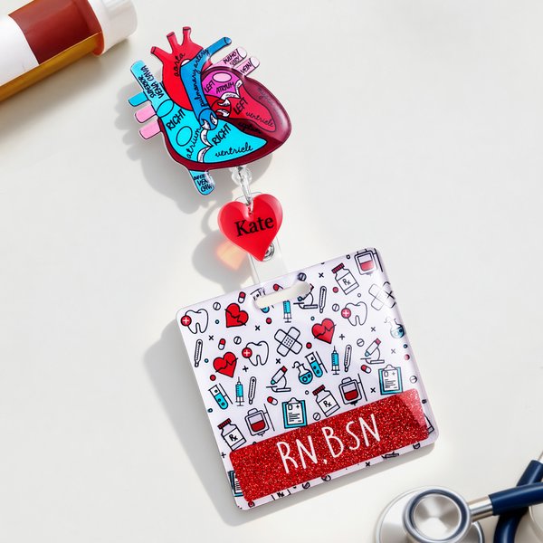 Personalised Glitter Anatomical Heart Retractable Badge Reel with Name and Badge Buddy Appreciation Birthday Gift for Nurse Doctor Medical Staff