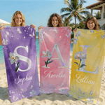 Personalisiertes Strandtuch im Perlmutt-Design | mit Geburtsblume und Initiale | optional mit Turnbeutel | Geburtstag Geschenk für Frauen Freunde