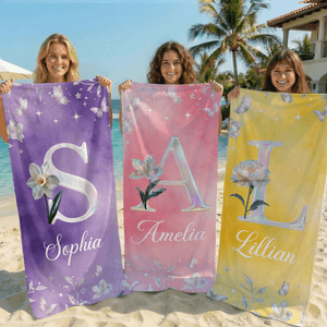 Henkilökohtainen Pearl Effect Birth Flower Quick Dry Beach pyyhe Initial ja nimi Beach Party syntymäpäivälahja perheelle