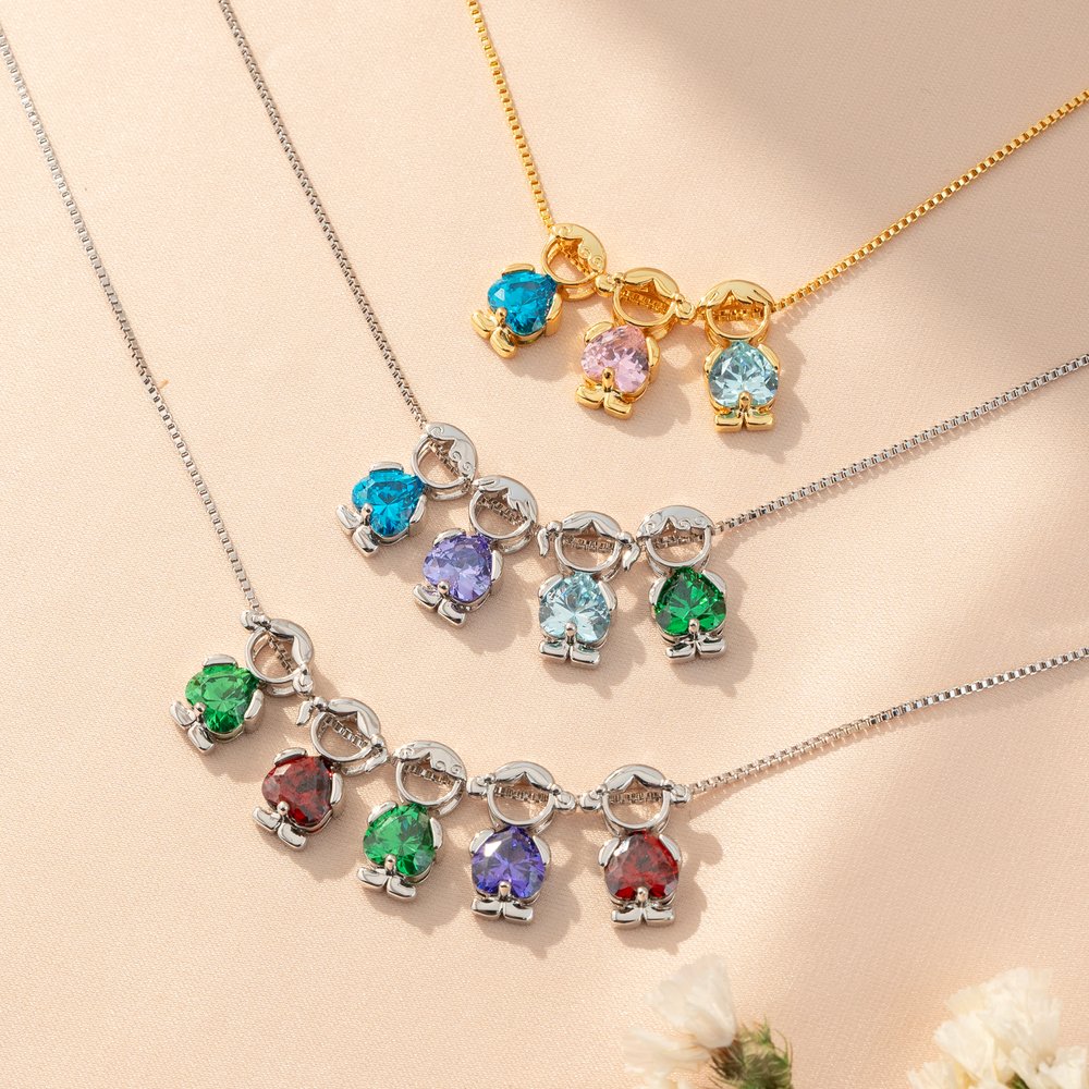 Personalized Cute Boy Girl Outline 1-6 Heart Birthstones Necklace Dainty Jewellery Gratitude Birthday Anniversary Gift for Women Kids 3