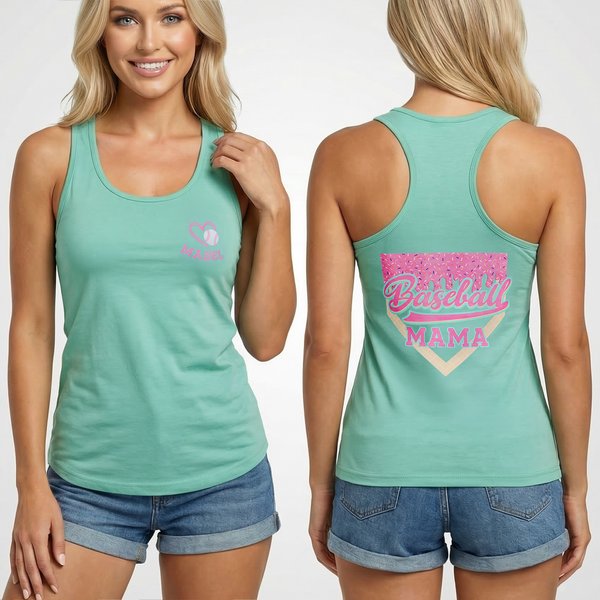 Personalized Multicolor Baseball Mama Ice Cream 100% Cotton Cozy Tank Top with Name Mother's Day Birthday Gift for Mom