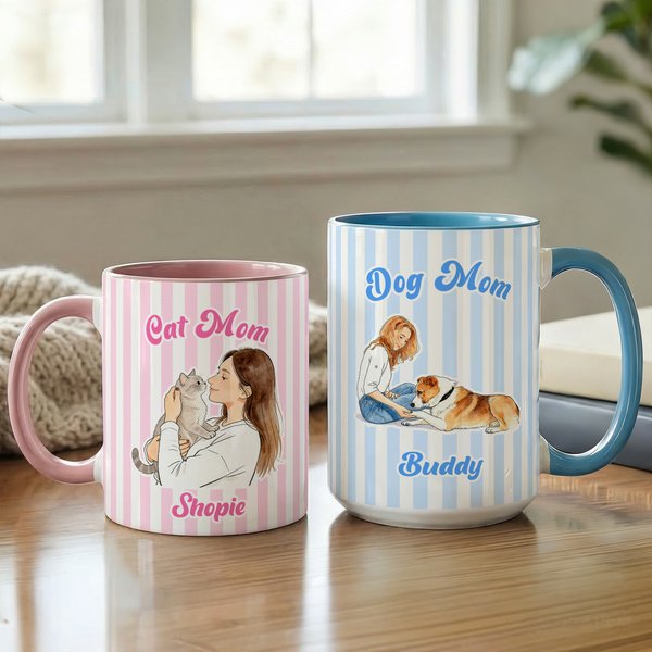 Tazza in ceramica con nome e sottobicchiere personalizzata con foto dell'animale domestico a strisce colorate, regalo di compleanno e festa della mamma per l'amante dell'animale domestico