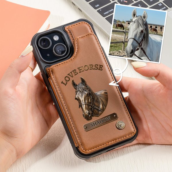 Personalized Horse Photo Portrait Phone Case with Name and Card Holder for iPhone Samsung Daily Use Birthday Gift for Horse Owners Riders
