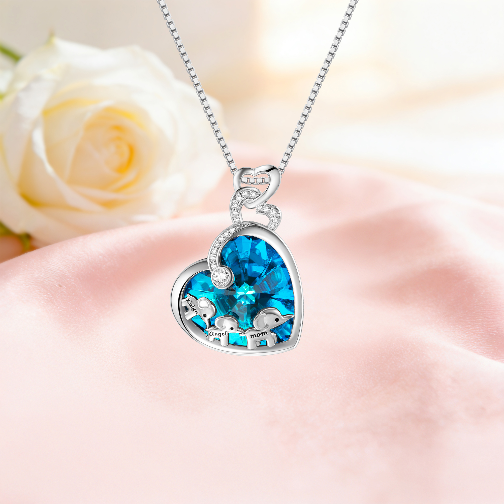 Personalisierte Glitzernde Herzformige Halskette mit Elefant und Kristall Geschenk für Mutter Oma Familie