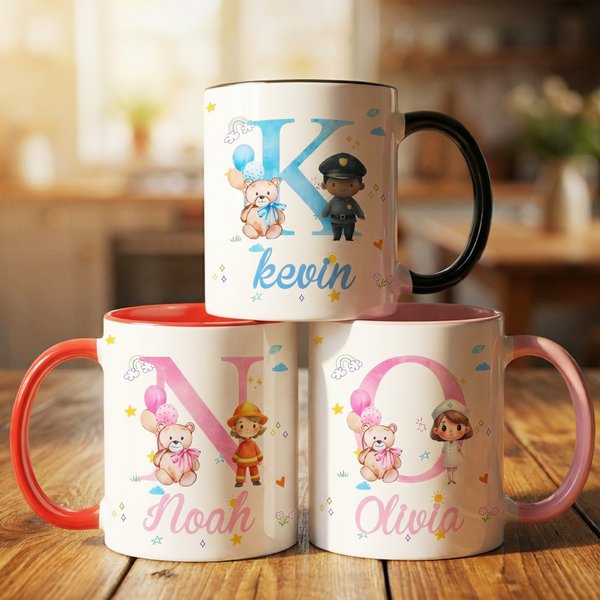 Personalised Cute Cartoon Character Initial 11 oz/15 oz Ceramic Mug with Name and Handle Birthday Gift for Boys Girls