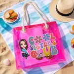 Personalizado Cool Sisters Club Cartoon Character Neon Transparent Tote Bag with Name Travel Essentials Birthday Beach Party Gift for Women Girls