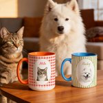 Personalised Watercolor Stripe Checkered Pet Photo 11 oz 15 oz Ceramic Mug with Name Birthday Pet Party Gift for Pet Owners Lovers