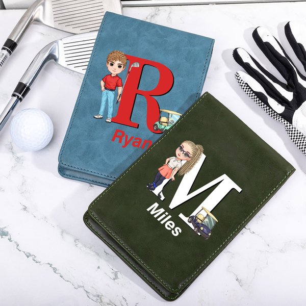 Personalised Cartoon Character Golf Cart PU Leather Golf Scorecard Holder with Name and Pencil Loop Golf Accessories Birthday Gift for Golf Lover