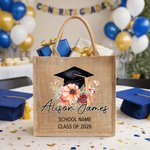 Personalisierte Floral Graduation Cap große Kapazität Jute Tote Tasche mit Namen und Text täglichen Gebrauch Graduierung Geschenk für Absolventen Frauen