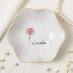 Gepersonaliseerde Imitatie Kristal stijl Geboorte Bloem Keramiek geschulpte rand Trinket sieraden schotel met naam Moederdag Verjaardagscadeau voor haar