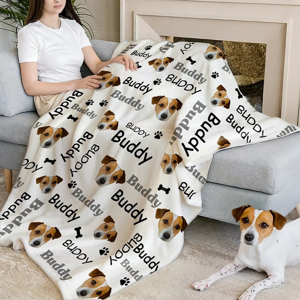 Couverture Multicolore Personnalisée avec Nom et Photo du Chien Chat Motif Os Pattes Cadeau d'Anniversaire pour les Amoureux des Animaux