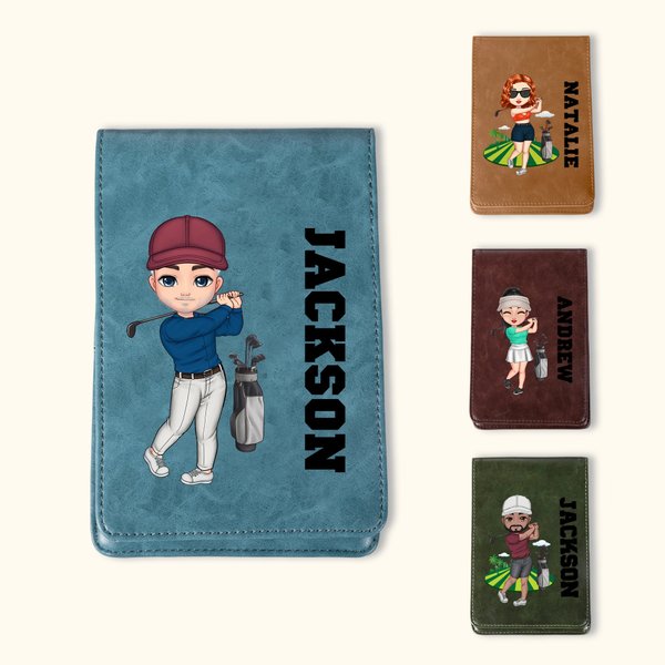Personalisierte Scorekartenmappe mit Cartoon-Golfer-Motiv und Namen | PU-Leder | Scorekarte optional | Golfzubehör | Geschenk für Golfliebhaber