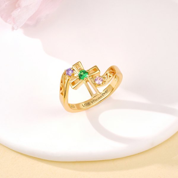 Personalised Cross Birthstone Ring with Text Dainty Jewellery Mother's Day Anniversary Birthday Gift for Women Christians