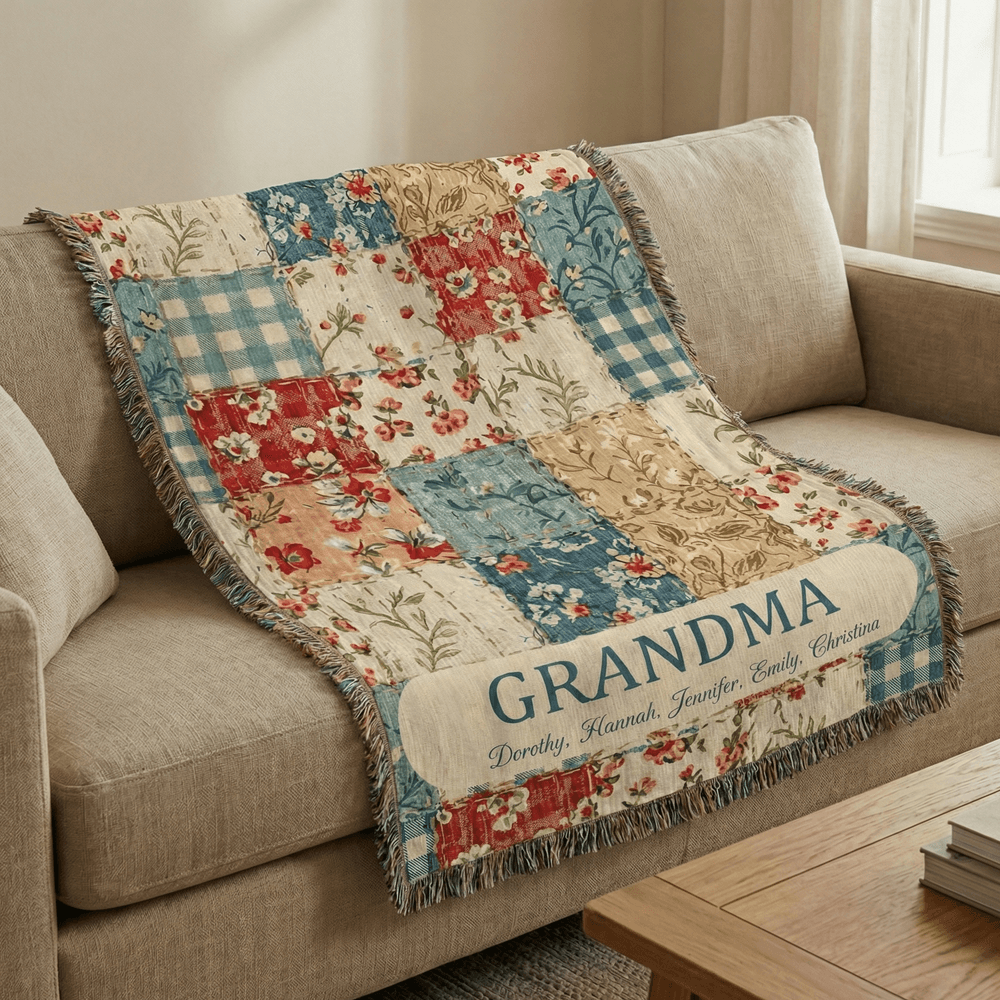 Personalized Vintage Flower Checkered Patchwork Tassel Soft Throw Blanket with Names and Title Mother's Day Birthday Gift for Grandma Mom 7