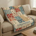 Personalized Vintage Flower Checkered Patchwork Tassel Soft Throw Blanket with Names and Title Mother's Day Birthday Gift for Grandma Mom 7
