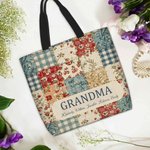 Personalised Vintage Ditsy Floral Patchwork Style Large Tote Bag with Names Daily Use Mother's Day Birthday Gift for Women