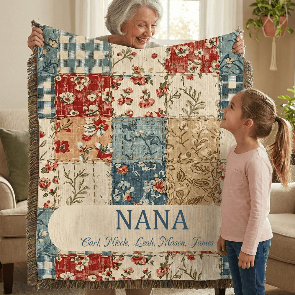 Personalized Vintage Flower Checkered Patchwork Tassel Soft Throw Blanket with Names and Title Mother's Day Birthday Gift for Grandma Mom 3