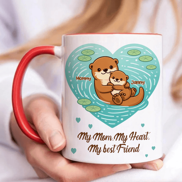 Personalised Cartoon Otter Mother and Kid Ceramic Mug with Names and Coaster Mother's Day Gift for Mom Grandma