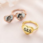 Personalizada de plata de ley Corazón Fotos Anillo relicario con texto grabado Día de la Madre Cumpleaños Regalo para Mamá Familia