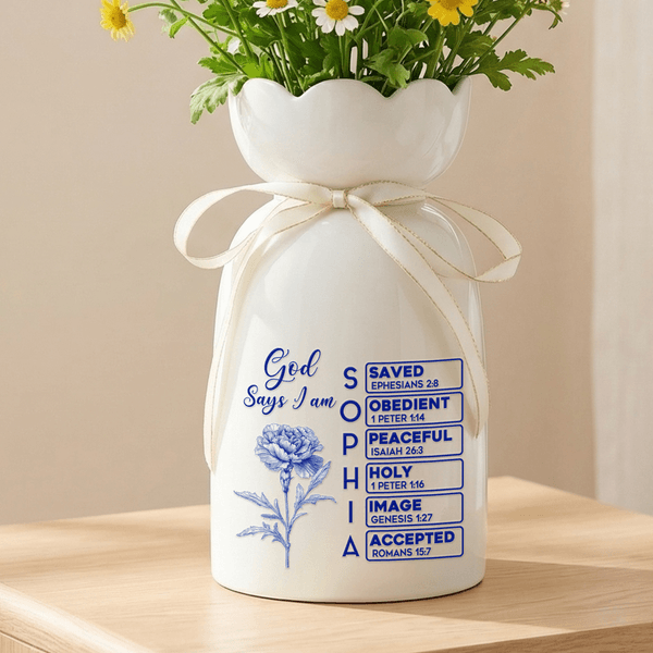 Personalizzato Dio dice che sono Toile De Jouy Fiore di nascita Vaso in ceramica con nome della Bibbia Compleanno Regalo per la festa della mamma Cristiana