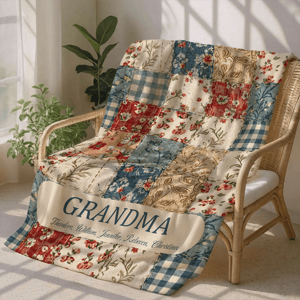 Personalized Vintage Flower Checkered Patchwork Tassel Soft Throw Blanket with Names and Title Mother's Day Birthday Gift for Grandma Mom 5