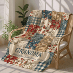 Personalized Vintage Flower Checkered Patchwork Tassel Soft Throw Blanket with Names and Title Mother's Day Birthday Gift for Grandma Mom 5