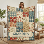 Personalized Vintage Flower Checkered Patchwork Tassel Soft Throw Blanket with Names and Title Mother's Day Birthday Gift for Grandma Mom