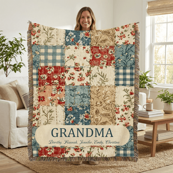 Personalizado Vintage Flor a cuadros Patchwork Borla Suave manta con nombres y título Día de la Madre Cumpleaños Regalo para la abuela mamá