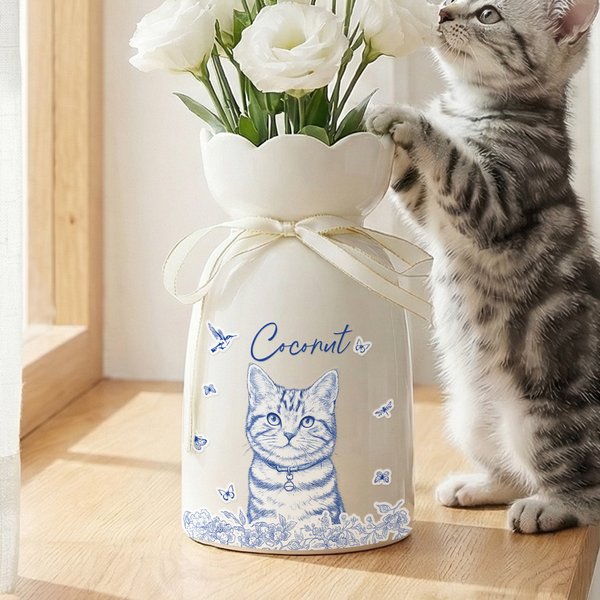 Personlig Toile De Jouy Pet Photo Butterfly Ceramic Flower Vase med namn Heminredning Födelsedagspresent för husdjursägare