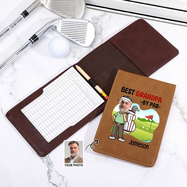 Personalised Best By Par Cartoon Face Photo PU Leather Golf Scorecard Holder with Name Competition Training Accessory Birthday Gift for Golf Lovers
