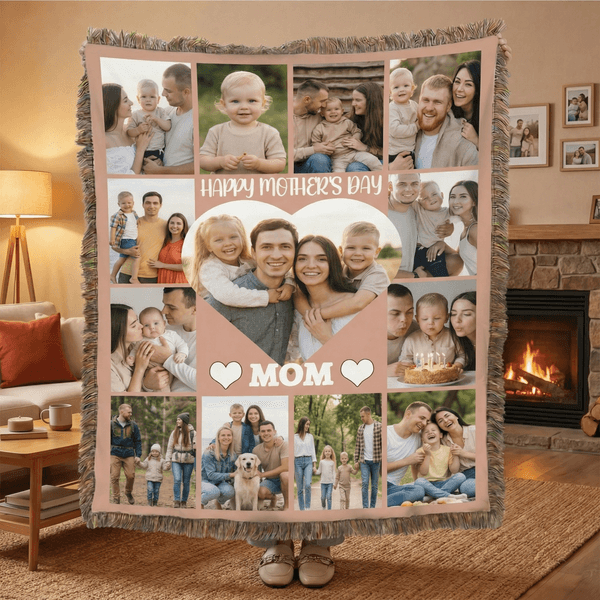 Personalised 13 Photos Collage Heart Soft Tassel Blanket with Name and Title Home Decor Mother's Day Gift for Mom Grandma