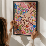 Pintura al Óleo Personalizada Estilo Flor Cogidos de la Mano Póster Cuadro Enmarcado con Nombre Decoración del Hogar Día de la Madre Cumpleaños Regalo para Mamá Abuela