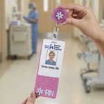 Spersonalizowany, wielokolorowy, brokatowy, akrylowy identyfikator z tekstem w kształcie kokardy i kołowrotkiem - prezent na Tydzień Pielęgniarki dla lekarza, pielęgniarki i personelu medycznego