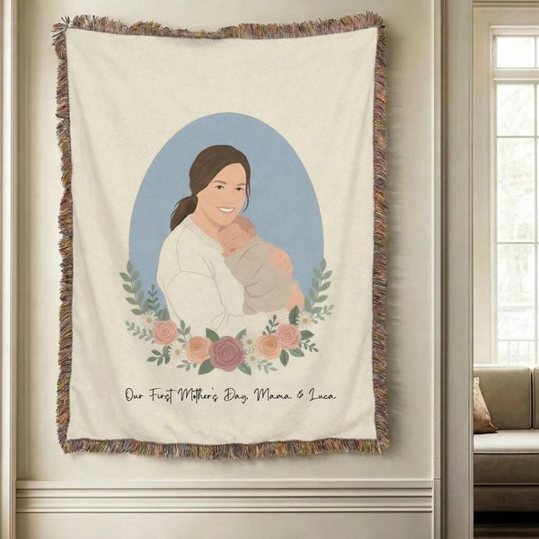 Personalised Photo Flat Illustration Portrait Soft Throw Blanket with Text Home Decor Birthday Mother's Day Gift for Friends Family