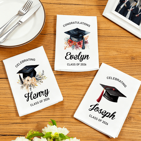 Personalized Floral Graduation Cap 100% Cotton Napkin with Name and Text Table Decoration Graduation Gift for Graduates Family Friends