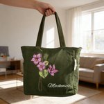 Personalised Birth Flower Corduroy Large Capacity Tote Bag with Name Daily Use Birthday Gift for Women