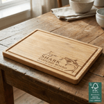 Personalisierte lustige Hai FSC Charcuterie Bambus Schneidebrett mit Namen Housewarming Jahrestag Geschenk für Familie Freunde
