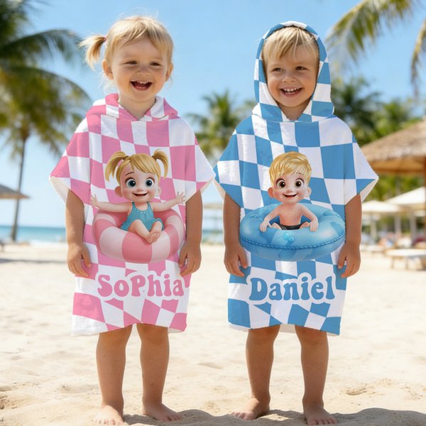 Personalizada 3D Cartoon Character Swim Ring Plaid Soft Hooded Beach Towel with Name Travel Essentials Summer Vacation Birthday Gift for Boys Girls