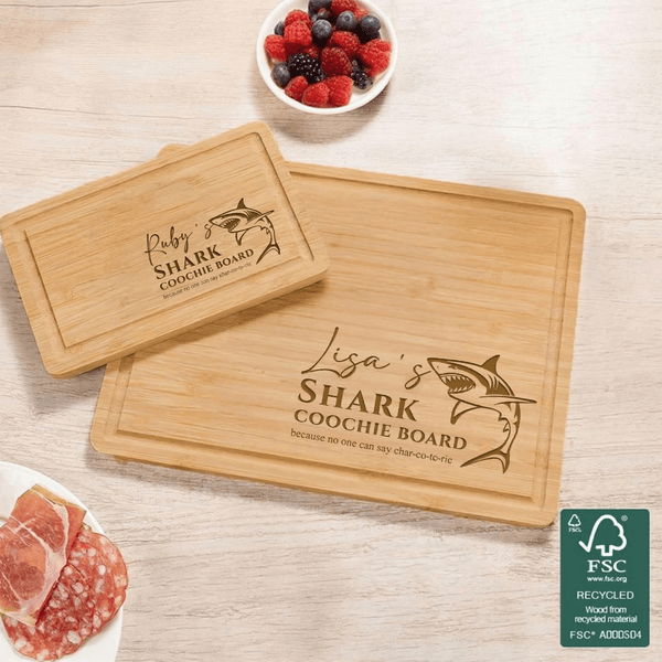 Personalized Funny Shark FSC Charcuterie Bamboo Cutting Board with Name Housewarming Anniversary Gift for Family Friends