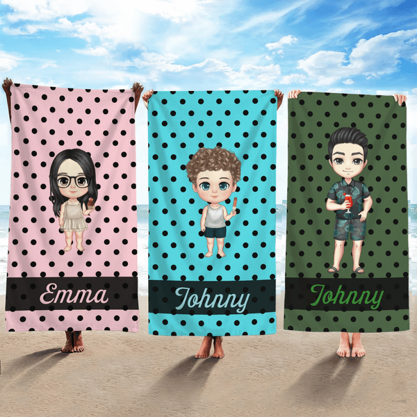 Serviette de plage surdimensionnée avec nom Personnalisée Cartoon Character Dot Quick Dry Travel Essentials Beach Party Birthday Gift for Family Women