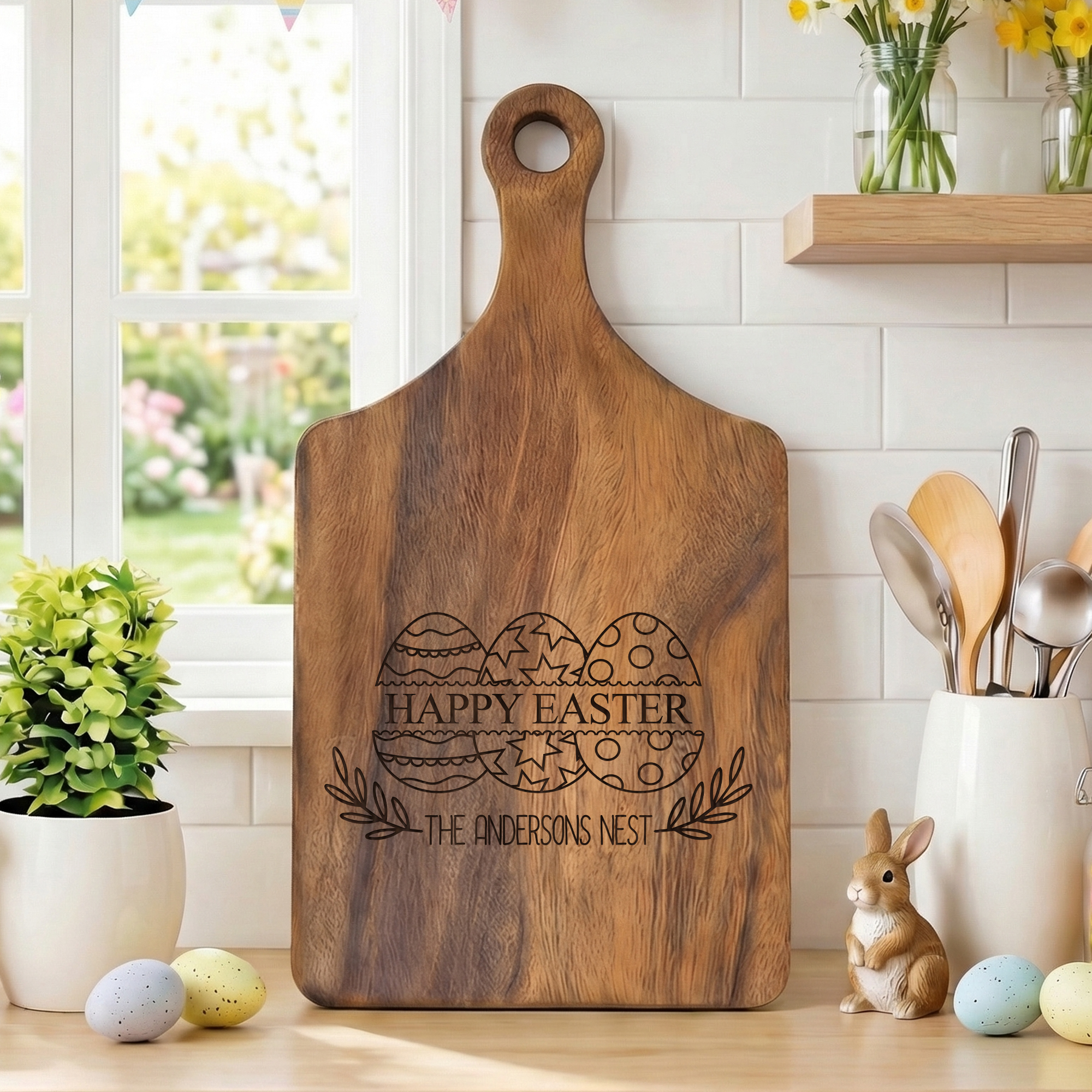 Personalized Rabbit Easter Egg Wooden Reversible Charcuterie Cutting Board with Engraved Text Housewarming Easter Gift for Family Friends Personalized Rabbit Easter Egg Wooden Reversible Charcuterie Cutting Board with Engraved Text Housewarming Easter Gift for Family Friends