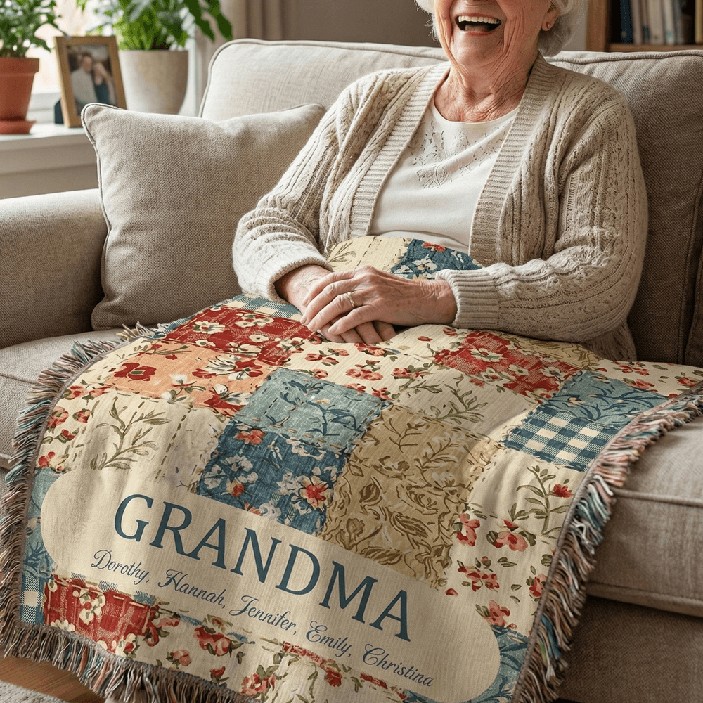 Personalized Vintage Flower Checkered Patchwork Tassel Soft Throw Blanket with Names and Title Mother's Day Birthday Gift for Grandma Mom 4